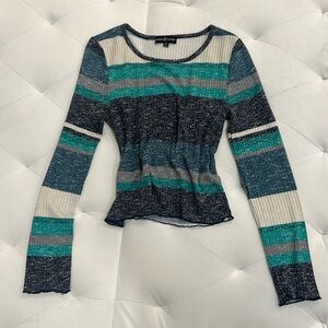 Green, blue, and white stripped long-sleeve shirt
